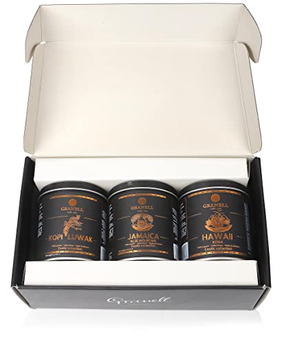 Cafés Granell Exotic Collection | Regalos Amantes Café - Pack Cafés Premium Regalo | Kopi Luwak, Jamaica Blue Mountain, Hawaii Kona - Café en Grano Natural - Regalo Cafe Gourmet, 3x100 gr