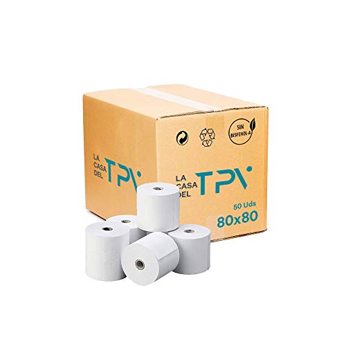 Caja de 50 rollo de papel térmico 80 x 80 mm. +/- 80 m Sin biefenol-A, compatible con todas las impresoras térmicas. Unidad 0.91 + IVA