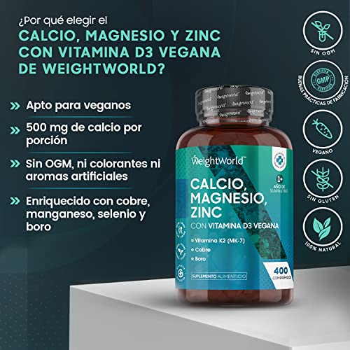 Calcio, Magnesio, Zinc y Vitamina D3 Vegana Dosis Alta 400 Comprimidos, para más de 1 Año - Suplemento de Calcio de Alta Absorción, Enriquecido con Selenio, Vitamina k2, Manganeso, Boro y Cobre