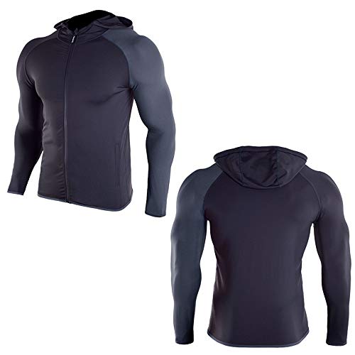 Camisa de compresión Hombre Chaqueta de compresión con capucha y cremallera, manga larga, ajustada y humectante para hombres, Chaqueta de manga larga con compresión para hombres, Capa base de deportes