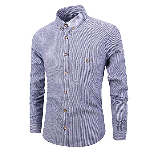 Camisas de Hombre, Camisa Informal de algodón de Manga Larga para Hombre con Bolsillo en el Pecho, Botones completos de Estilo Retro, Camisetas de Rayas Transpirables para Hombre