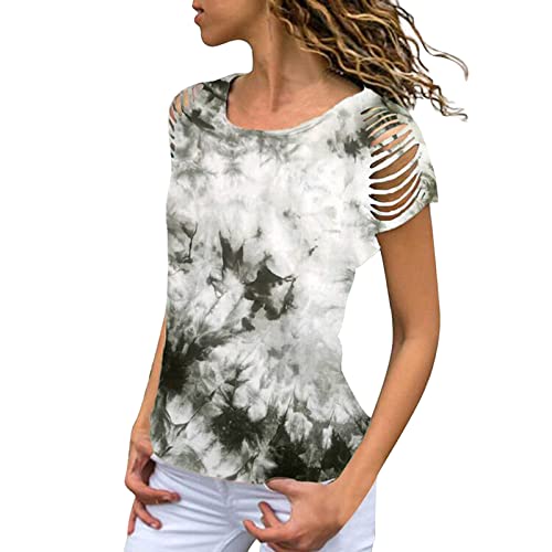 Camisetas de moda para mujer con hombros descubiertos y costuras de teñido anudado, con cuello redondo, estilo informal, para mujer, cuello redondo, manga corta y cuello redondo, para mujer, verde, S