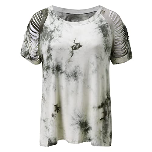 Camisetas de moda para mujer con hombros descubiertos y costuras de teñido anudado, con cuello redondo, estilo informal, para mujer, cuello redondo, manga corta y cuello redondo, para mujer, verde, S