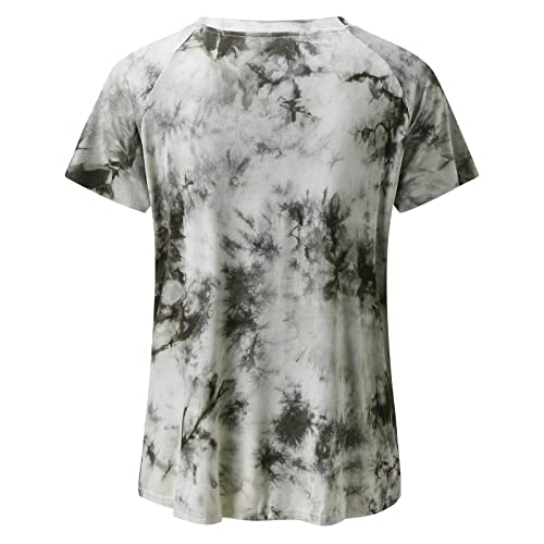 Camisetas de moda para mujer con hombros descubiertos y costuras de teñido anudado, con cuello redondo, estilo informal, para mujer, cuello redondo, manga corta y cuello redondo, para mujer, verde, S