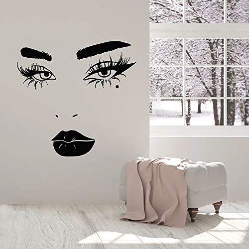 Cara femenina Etiqueta de la pared Pestañas Labios Cosmética Hermosa dama Vinilo Pegatinas de ventana Sala de maquillaje Salón de belleza Decoración interior A3 42 × 43 CM