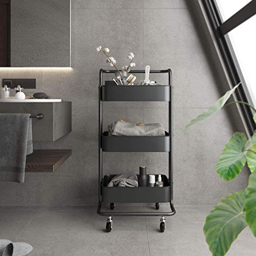 Carritos De 3 Niveles Carrito De Almacenamiento Organizador De Servicios Públicos Carritos Con Ruedas Con Asa Y Ruedas, Para Cocina, Baño, Maquillaje, Habitación De Niños, Lavandería, Dor(Color:negro)