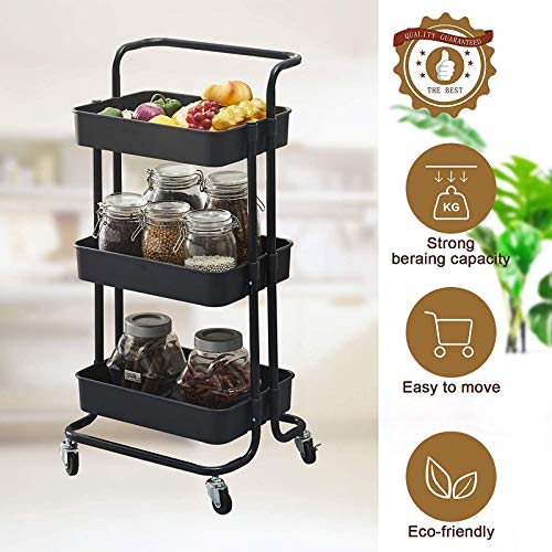 Carritos De 3 Niveles Carrito De Almacenamiento Organizador De Servicios Públicos Carritos Con Ruedas Con Asa Y Ruedas, Para Cocina, Baño, Maquillaje, Habitación De Niños, Lavandería, Dor(Color:negro)