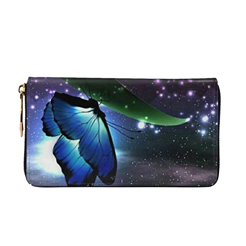 Cartera LINGF para Mujer, Cartera de Cuero con Cremallera Alrededor de la Mariposa Azul bajo la Luna para Mujer, Cartera para teléfono, Tarjetero de Viaje, Talla única