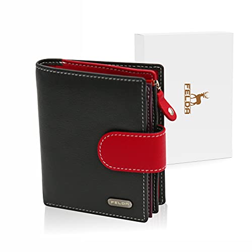 Cartera para Mujer - con Bloqueo de transmisiones RFID y 10 Ranuras para Tarjetas - Cuero auténtico Muy Suave - Negro y Rojo