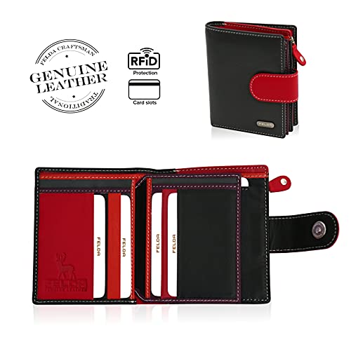 Cartera para Mujer - con Bloqueo de transmisiones RFID y 10 Ranuras para Tarjetas - Cuero auténtico Muy Suave - Negro y Rojo