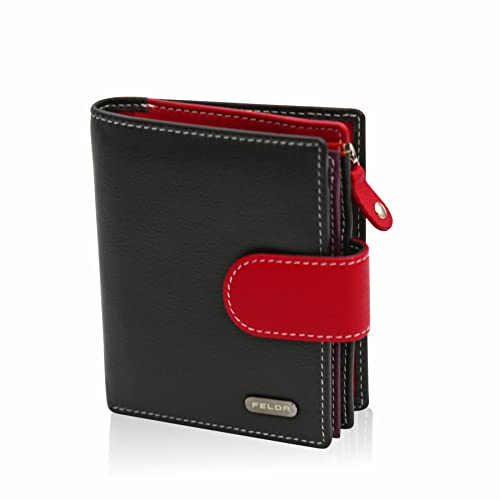 Cartera para Mujer - con Bloqueo de transmisiones RFID y 10 Ranuras para Tarjetas - Cuero auténtico Muy Suave - Negro y Rojo