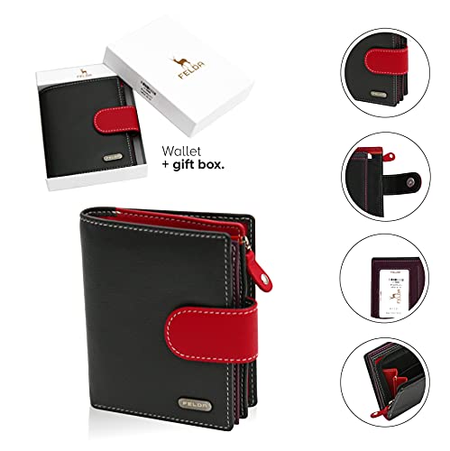 Cartera para Mujer - con Bloqueo de transmisiones RFID y 10 Ranuras para Tarjetas - Cuero auténtico Muy Suave - Negro y Rojo