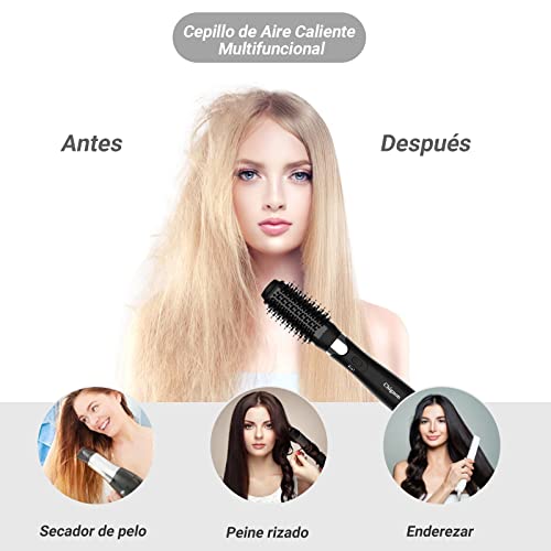 Cepillo Alisador Pelo Chignon,Pcepillo Secador de Pelo de Iones Negativos Multifuncional 3 en 1,Cepillos de Aire Caliente para Alisar,Secar,Rizar y Peinar los Cabellos,3 Temperaturas Ajustables,Negro