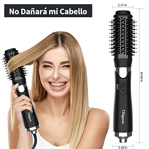 Cepillo Alisador Pelo Chignon,Pcepillo Secador de Pelo de Iones Negativos Multifuncional 3 en 1,Cepillos de Aire Caliente para Alisar,Secar,Rizar y Peinar los Cabellos,3 Temperaturas Ajustables,Negro