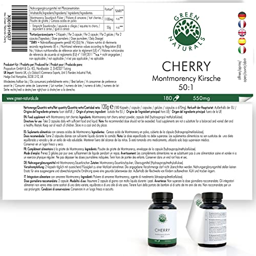 Cereza Montmorency (180 cápsulas de 550mg) - Extracto 50:1 = 55g por dia - Producción alemana - 100% Vegano y sin aditivos