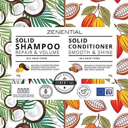 Champú + Acondicionador Sólidos, (60 g + 40 g) - Suave y Brillante - 100% Vegano y biodegradable. Libre de sulfatos y parabenos - de Zenential