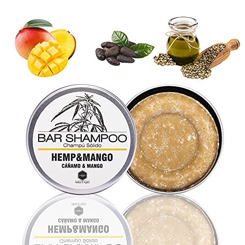 Champú Sólido de Cáñamo Y Mango, 55 gr | Hemp & Mango Bar Shampoo - Solo Ingredientes Naturales, Para Cabello Teñido, Dañado, Rizado, de Baja Porosidad - sin Sulfatos ni Parabenos ni Siliconas ni Sal