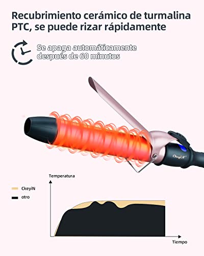 CkeyiN Rizador de Pelo, Rizador Profesional de 38 mm, Moldeador Cabello de Cerámica Largo y Corto con Cable Giratorio de 360° y Pantalla LCD, Temperatura Regulable