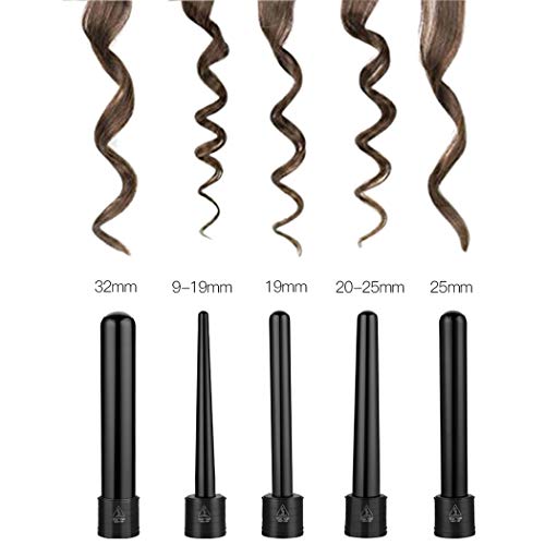 CkeyiN Rizador de Pelo,Planchas Rizadoras de Profesional,Muitifunción 5 en 1 con Barriles Intercambiables 9mm-32mm,con Pelo Kit Guante Resistente al Calor-Negro