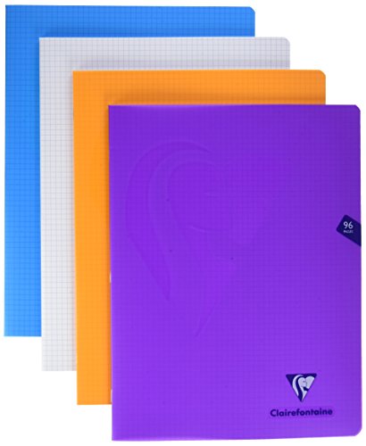 Clairefontaine 293362AMZC Lot de 4 Cahiers Agrafés Mimesys - 24x32 cm - 96 Pages Petits Carreaux - Papier Blanc 90 g - Couverture Polypro (Bleu, Incolore, Orange, Violet)