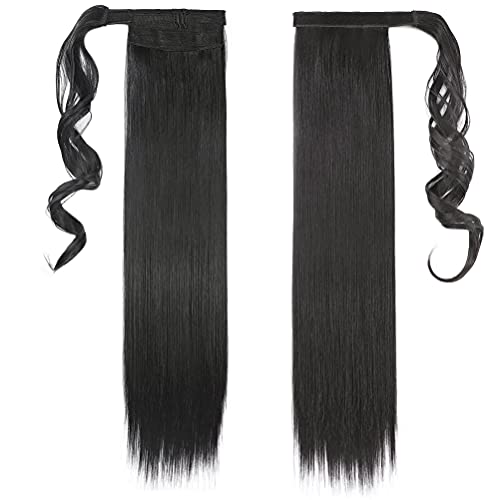 Coleta Postiza Pelo Sintético Se Ve Natural Extensiones de Cabello Clip Larga Postizo de Pasta Mágica Liso Ponytail 55cm Negro natural