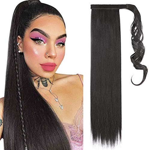 Coleta Postiza Pelo Sintético Se Ve Natural Extensiones de Cabello Clip Larga Postizo de Pasta Mágica Liso Ponytail 55cm Negro natural