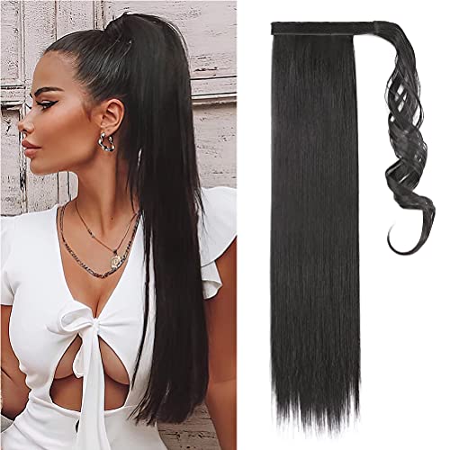 Coleta Postiza Pelo Sintético Se Ve Natural Extensiones de Cabello Clip Larga Postizo de Pasta Mágica Liso Ponytail 55cm Negro oscuro