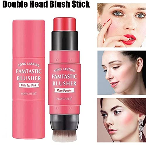 Colorete en barra hidratante de doble cabeza para mejillas Crema de colorete facial con pincel Contorno facial Colorete Bálsamo Hidratante de larga duración Impermeable Suave Rubor Maquillaje de mujer