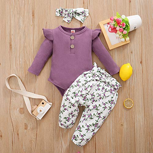 Conjunto de 3 piezas para bebé de manga larga con botones y pantalones impresos y diadema para primavera y otoño, morado 2, 70 cm