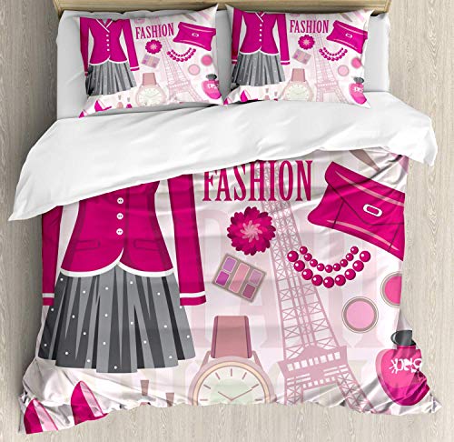 Conjunto de funda nórdica de moda, tema de moda en París con atuendos, vestido, reloj, monedero, perfume Parisienne Landmark, juego de cama decorativo de 3 piezas con 2 fundas de almohada, rosa beige