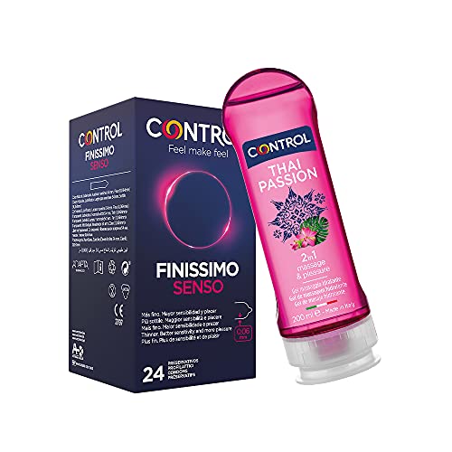 Control Preservativos Senso, Gel de Masaje Thai Passion- Caja de Condones Más Finos 24 ud Lubricados y Gel De Masaje Corporal 2 en 1 Con Aronas Orientales 200 ml (Pack ahorro)