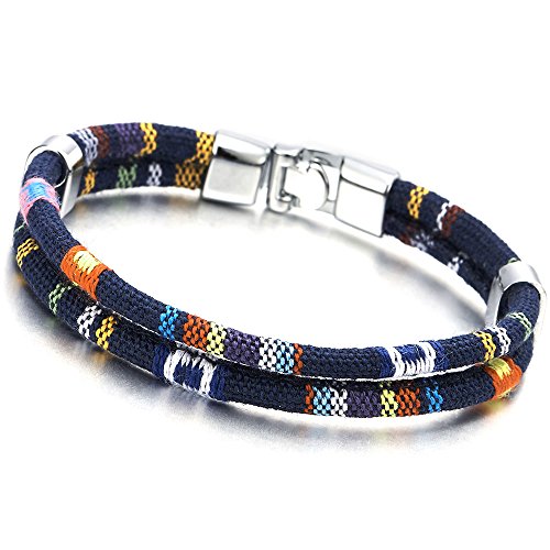 COOLSTEELANDBEYOND Dos Hebra Azul Marino Tribal Tibetano Algodón Pulsera, Hombre Mujer Niños Pulsera del Abrigo