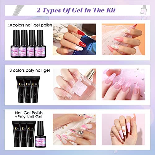 Coscelia Esmaltes Semipermanentes Kit 15ML Poly Nail Gel Kit Gel Constructor Uñas Gel de 3PCS Esmalte Semipermanente de 10PCS Lampara de 80W U-V/LED Pulidor de Uñas Base Top Manicura Kit