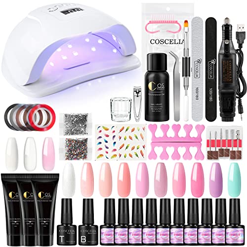 Coscelia Esmaltes Semipermanentes Kit 15ML Poly Nail Gel Kit Gel Constructor Uñas Gel de 3PCS Esmalte Semipermanente de 10PCS Lampara de 80W U-V/LED Pulidor de Uñas Base Top Manicura Kit