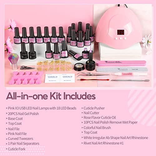 COSCELIA kit Uñas Semipermanentes de 20 Colores de 7ml, 36W LED/U-V Lampara Manicura Semipermanente Kit, Uñas de Gel Kit Complete Base Coat y Top Coat Accesorios para Manicura y Pedicura