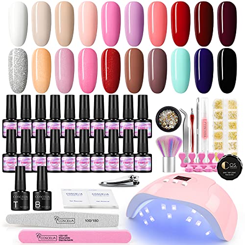 COSCELIA kit Uñas Semipermanentes de 20 Colores de 7ml, 36W LED/U-V Lampara Manicura Semipermanente Kit, Uñas de Gel Kit Complete Base Coat y Top Coat Accesorios para Manicura y Pedicura