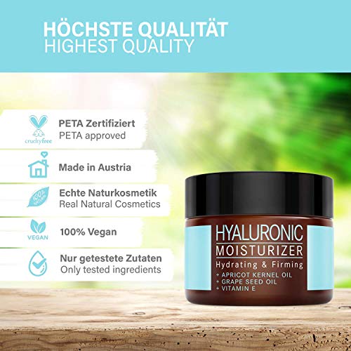 Crema Hidratante Facial de Ácido Hialurónico - COSMÉTICA NATURAL VEGANA con Aceite de Albaricoque y Vitamina E - 50ml hecho en Austria - Crema de Día para Hombre y Mujer