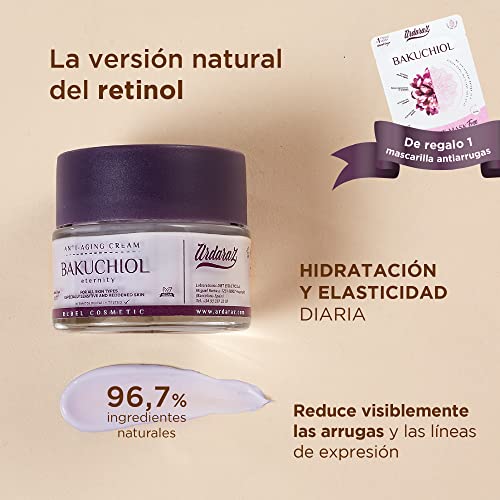 Crema Hidratante Facial Mujer con Bakuchiol y Acido Hialurónico. Crema antiarrugas mujer con 96.30% de ingredientes naturales que Hidratan y reducen las arrugas y líneas de expresión