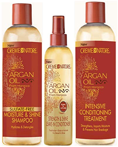 Creme of Nature Champú Hidratante y Brillo sin Sulfato de Aceite de Argán 354 ml, Acondicionador sin enjuague de 250 ml de Aceite de Argán y Brillo Acondicionador Intensivo de Aceite de Argán 354 ml