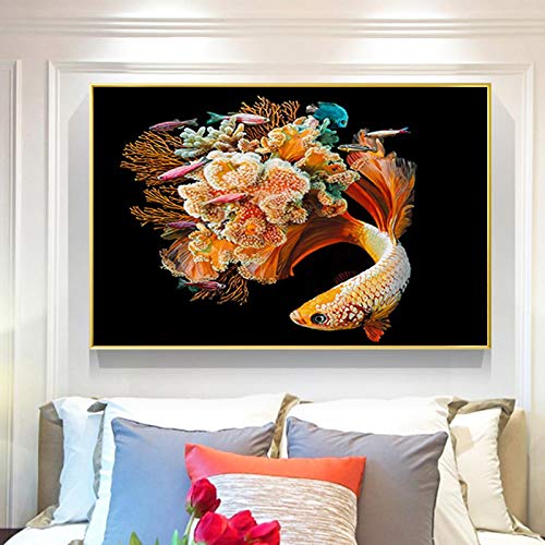 Cuadro En Lienzo CláSico Pez Flor Algas Marinas ImáGenes De Animales Carteles E Impresiones Arte De La Pared Para La DecoracióN De La Sala De Estar 70x90cm (28x36") Sin Marco