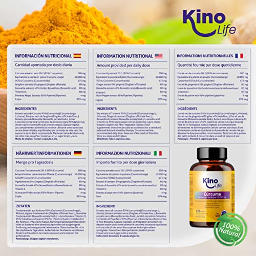 Cúrcuma 10000 mg | 475mg de Curcumina Pura | 120 cápsulas | 95% extracto | Jengibre, Pimienta Negra, Boswellia, Vitamina C y Cobre | Altamente Absorbible | Antiflamatorio para tus Articulaciones