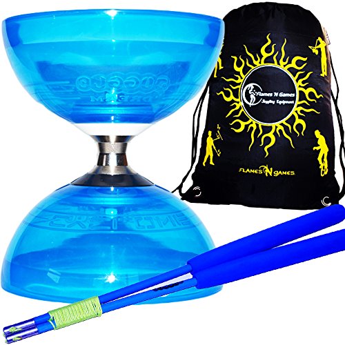 Cyclone QUARTZ II Diabolo Set - PRO Diabolo Triple Roulement A Bille + Des Diablo Baguettes en FIBER et Ficelle + Diabolos Sac de Transport. (Bleu Diabolo/Bleu Baguettes) by Juggle Dream