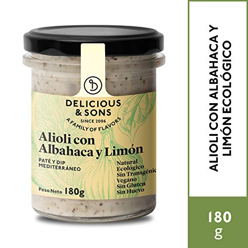 Delicious & Sons Alioli con Albahaca y Limón - Ecológico - Sin Huevo - Sin Transgénicos - Sin Gluten - Vegano - Sin Azúcares Añadidos - Apto para dietas Paleo y Keto - 180g