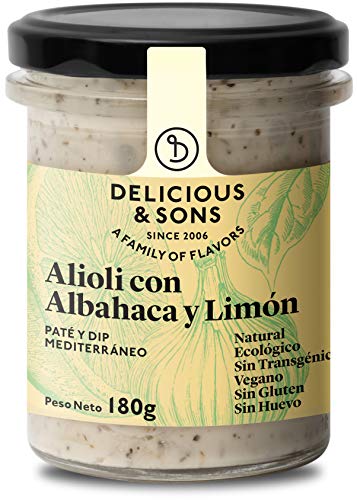 Delicious & Sons Alioli con Albahaca y Limón - Ecológico - Sin Huevo - Sin Transgénicos - Sin Gluten - Vegano - Sin Azúcares Añadidos - Apto para dietas Paleo y Keto - 180g