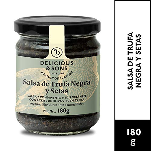 Delicious & Sons Salsa de Trufa Negra y Champiñones - Sin Transgénicos - Sin Gluten - Sin Azúcares Añadidos - Apto para dietas Paleo y Keto - Con Aceite de Oliva Virgen Extra 180g