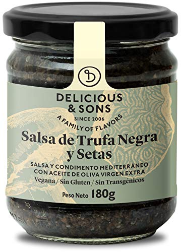 Delicious & Sons Salsa de Trufa Negra y Champiñones - Sin Transgénicos - Sin Gluten - Sin Azúcares Añadidos - Apto para dietas Paleo y Keto - Con Aceite de Oliva Virgen Extra 180g