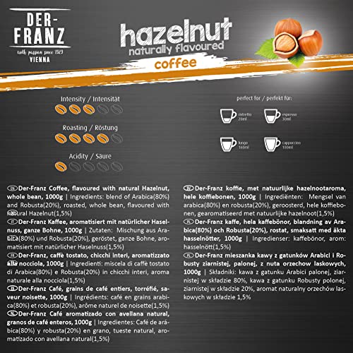 Der-Franz - Café mezcla de Arábica y Robusta, Tostado, Granos Enteros Aromatizados con Avellana Natural, Certificación UTZ, en Grano, 1 kg