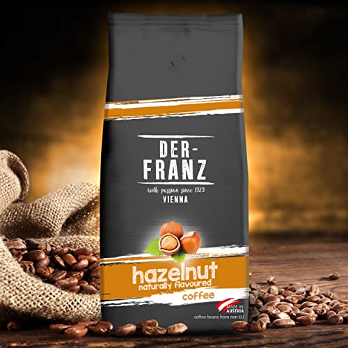 Der-Franz - Café mezcla de Arábica y Robusta, Tostado, Granos Enteros Aromatizados con Avellana Natural, Certificación UTZ, en Grano, 1 kg