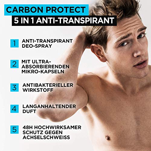 Desodorante L'Oréal Men Expert Carbon Protect 4 en 1, antitranspirante, protege contra la humedad de las axilas y el olor corporal y sorprende por su aroma masculino (6 x 150 ml).