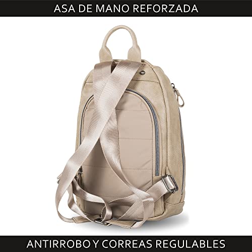 Devota y Lomba Mochila Mujer antihurto. Mochilas Mujer Casual. Mochila Impermeable. Mochila Pequeña. Cómoda y Ligera. Diseño y Calidad. 20 x 32 x 10 cm. Tender 228183-03. Color Topo